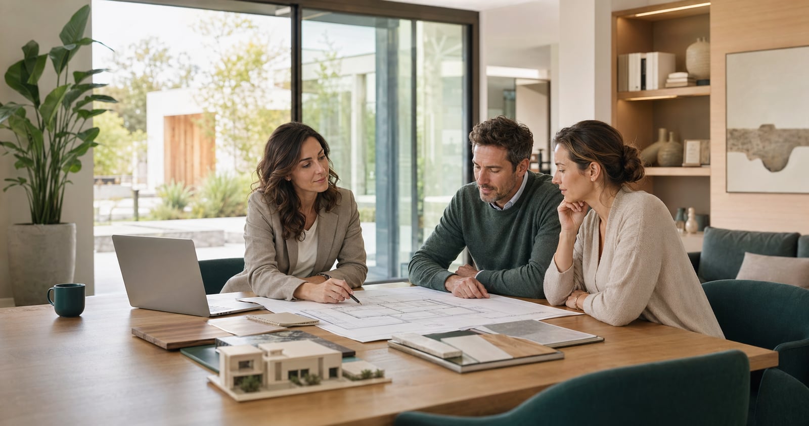 Conseillère accompagnant un couple dans son projet de construction