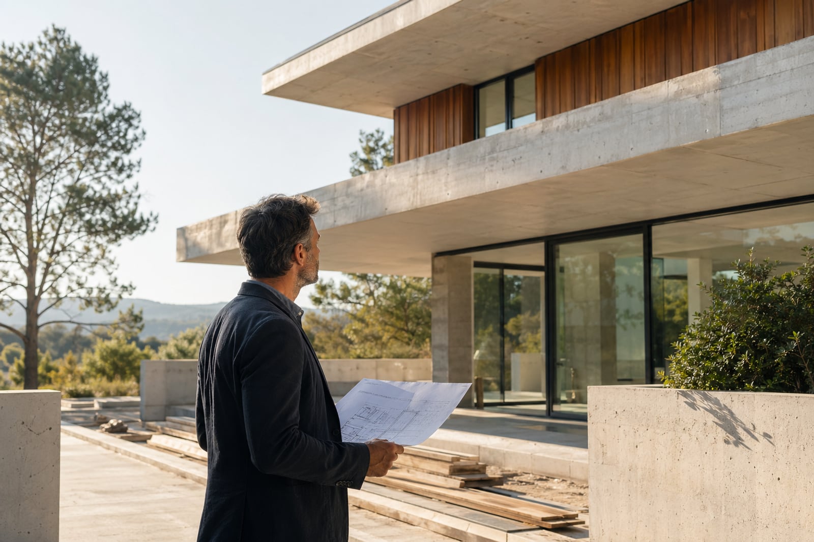 Expert analysant un chantier de maison contemporaine